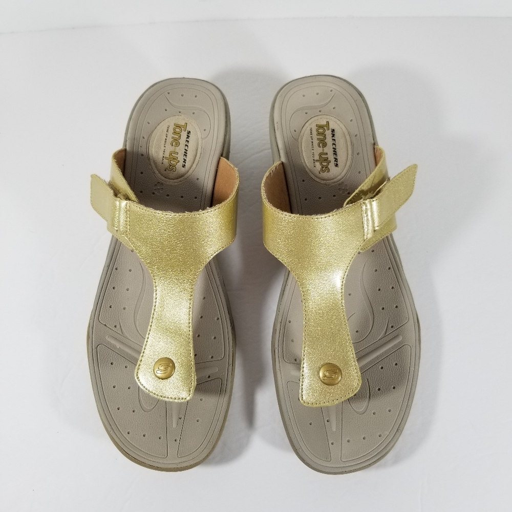 Skechers Tone Ups Sandals Women's Size 9 Thong Bright Gold Wedge Heel